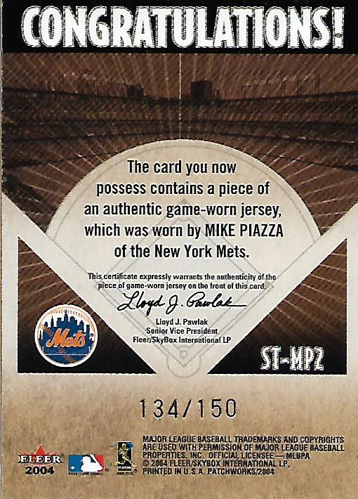 2004 Fleer Patchworks Stitches in Time Patch #MP Mike Piazza back image