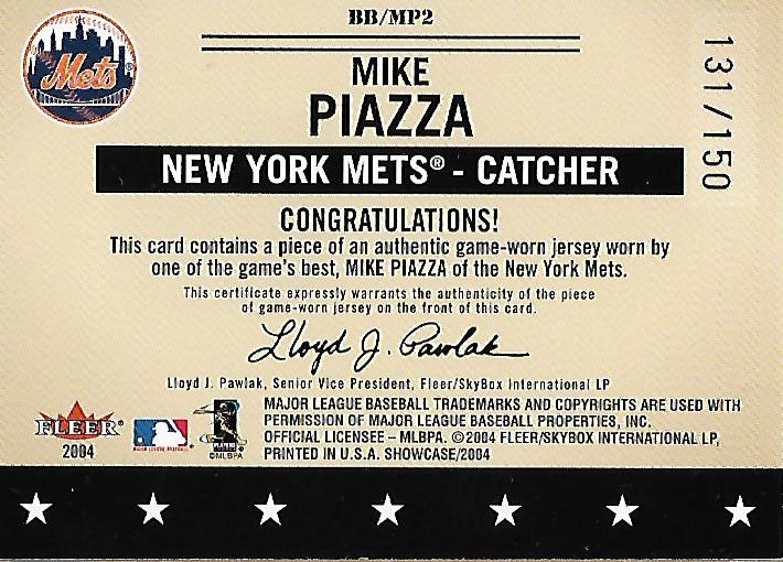 2004 Fleer Showcase Baseballs Best Game Used Gold #MPI Mike Piazza Jsy back image