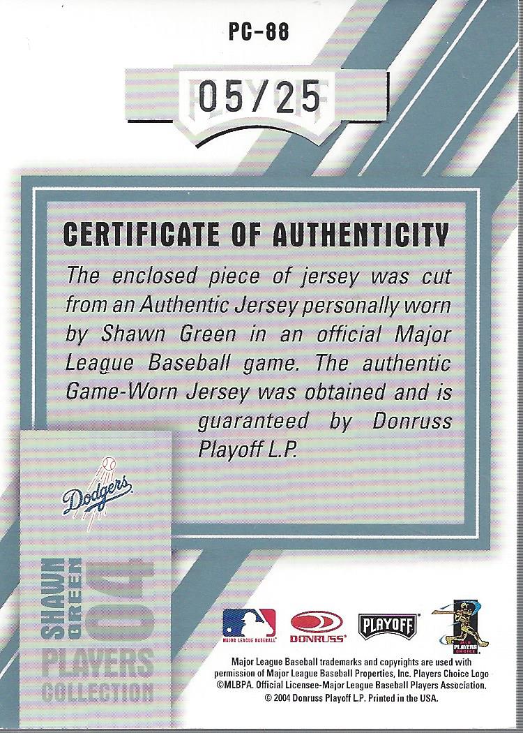 2004 Leaf Players Collection Jersey Platinum #88 Shawn Green Blue back image