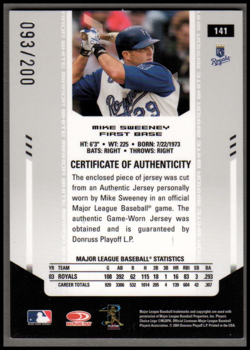 2004 Leaf Certified Materials Mirror Fabric White #141 Mike Sweeney Jsy/200 back image