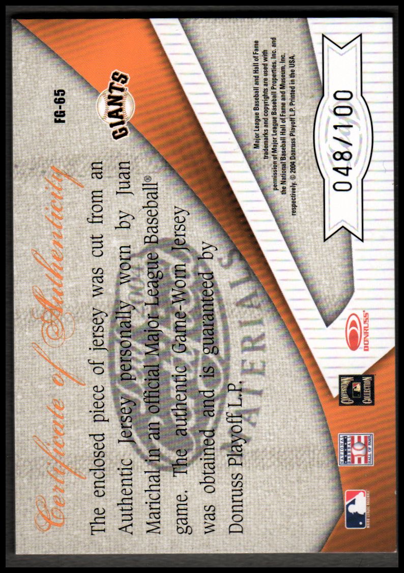 2004 Leaf Certified Materials Fabric of the Game AL/NL #65 Juan Marichal Jsy/100 back image