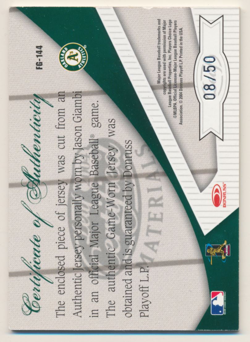 2004 Leaf Certified Materials Fabric of the Game Reward #144 Jason Giambi A's Jsy/50 back image