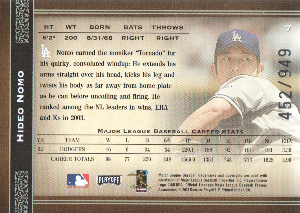 2004 Prime Cuts #7 Hideo Nomo Dodgers back image