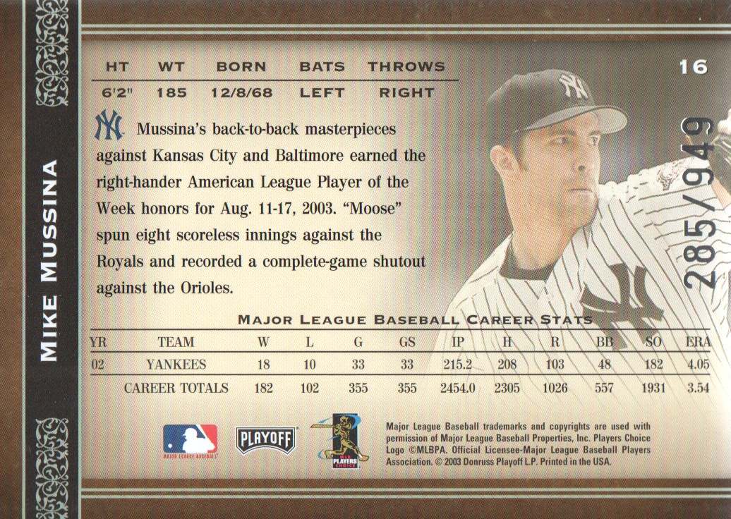 2004 Prime Cuts #16 Mike Mussina back image