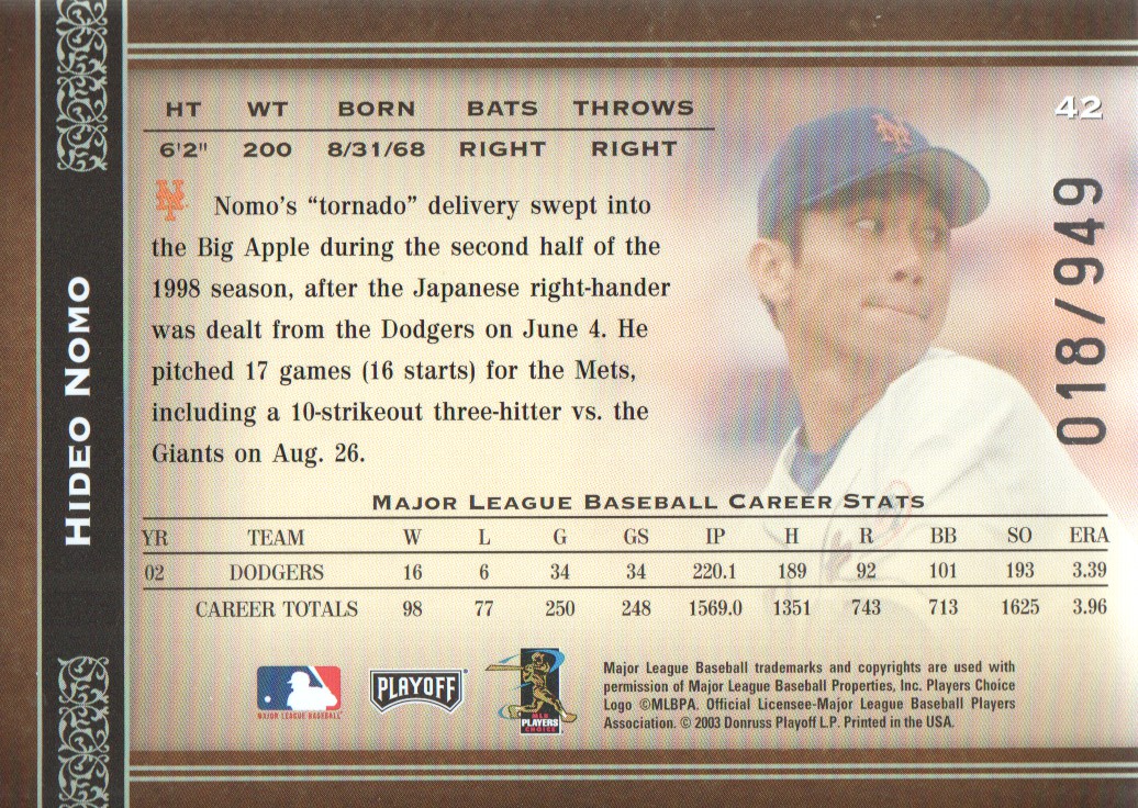 2004 Prime Cuts #42 Hideo Nomo Mets back image