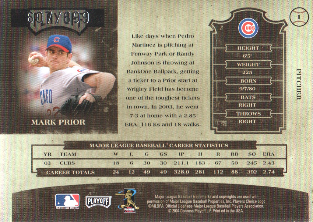 2004 Prime Cuts II #1 Mark Prior back image