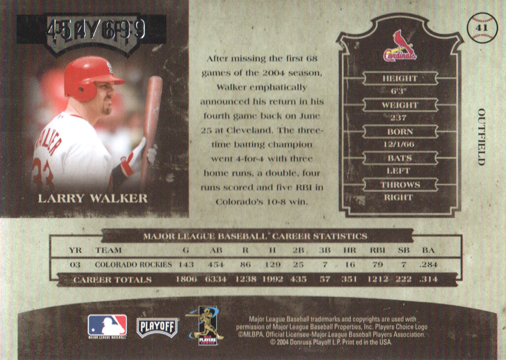 2004 Prime Cuts II #41 Larry Walker Cards back image