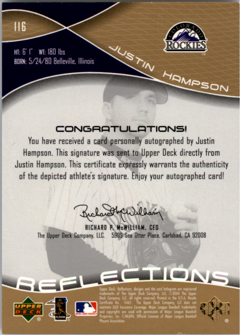 2004 Reflections Gold Rookie Autograph 125 #116 Justin Hampson AU back image