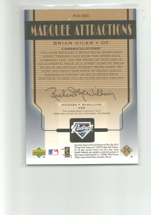 2004 Sweet Spot Marquee Attractions Jersey #MABG Brian Giles back image