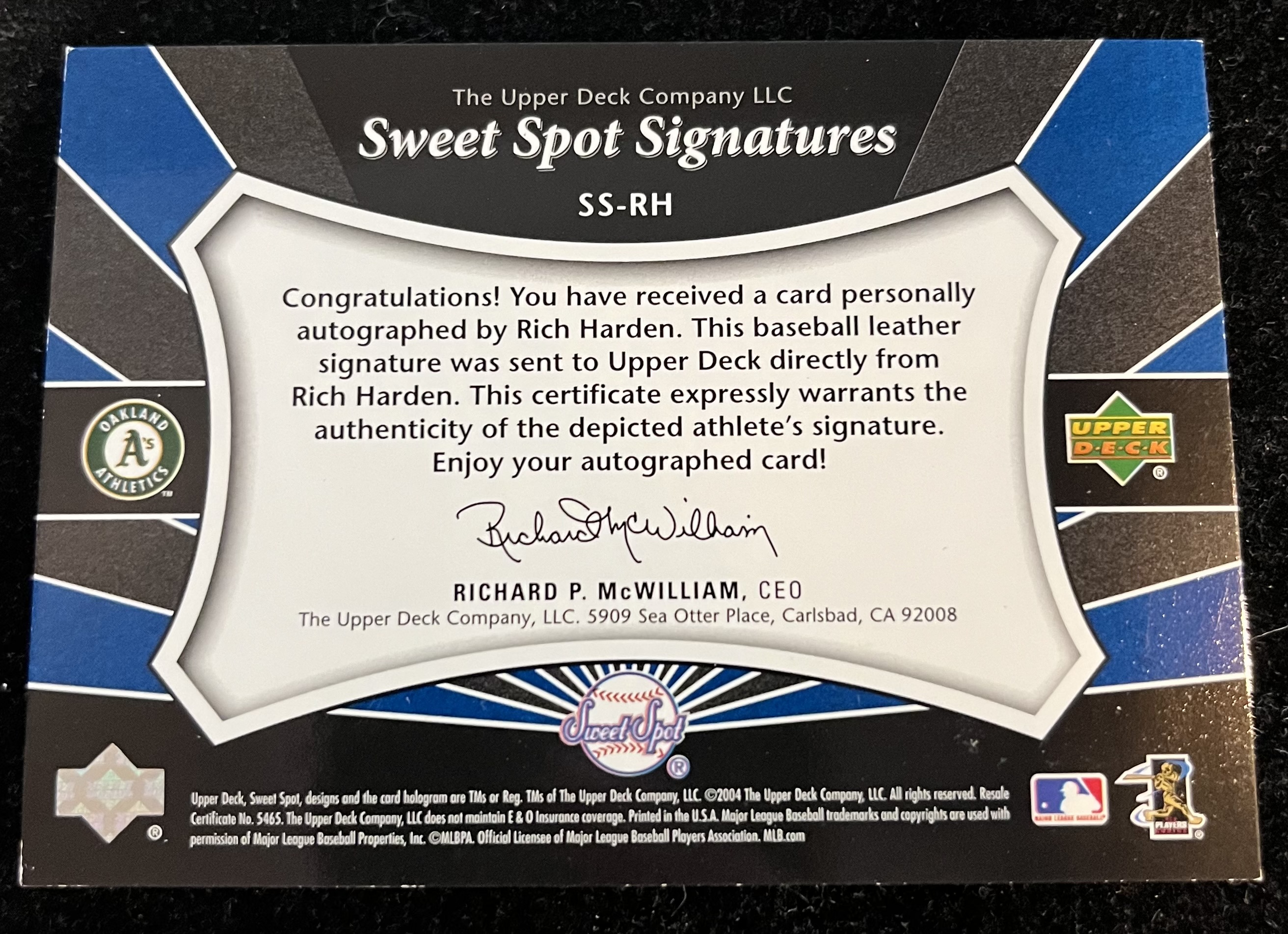 2004 Sweet Spot Signatures #SSRH Rich Harden T4 back image
