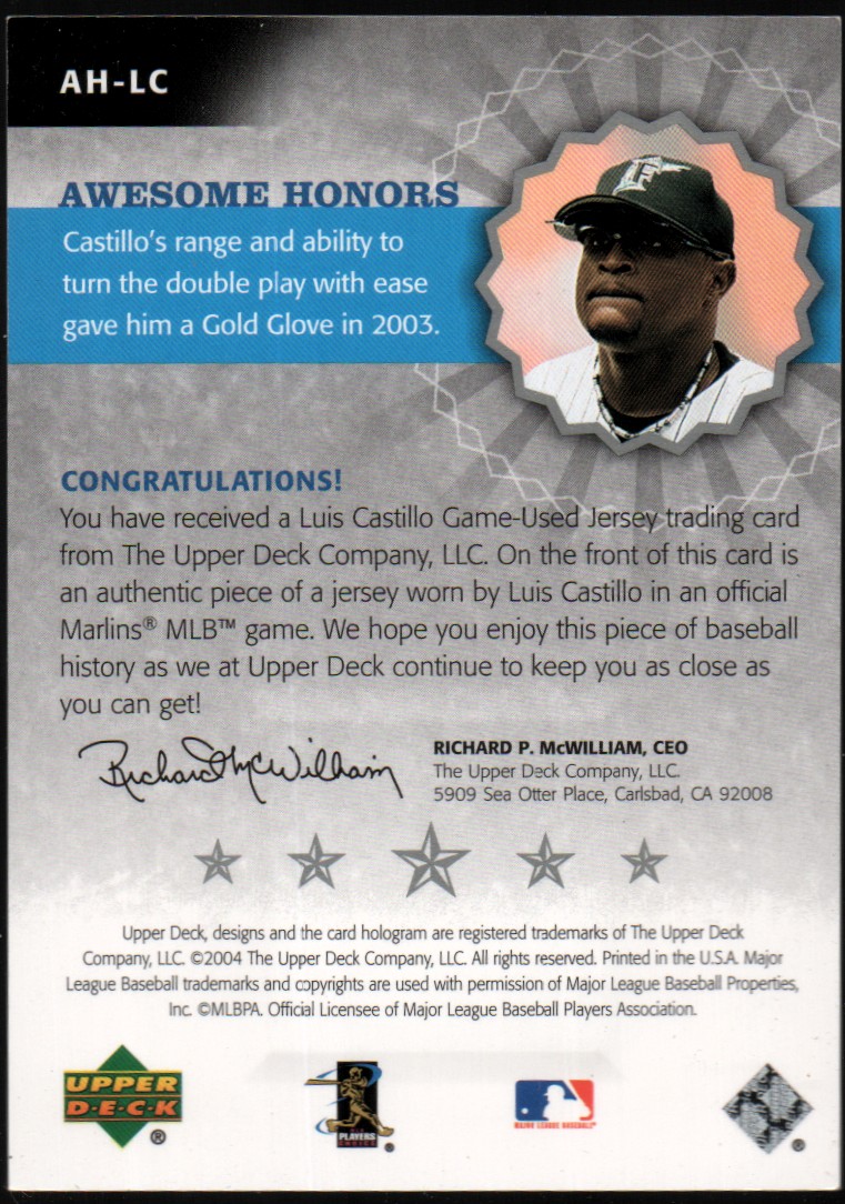 2004 Upper Deck Awesome Honors Jersey #LC Luis Castillo GG back image