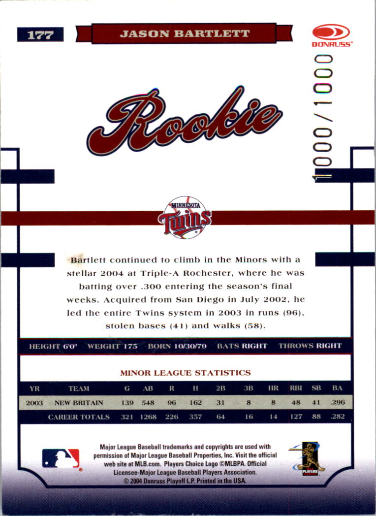 2004 Donruss World Series #177 Jason Bartlett AU/1000 RC back image