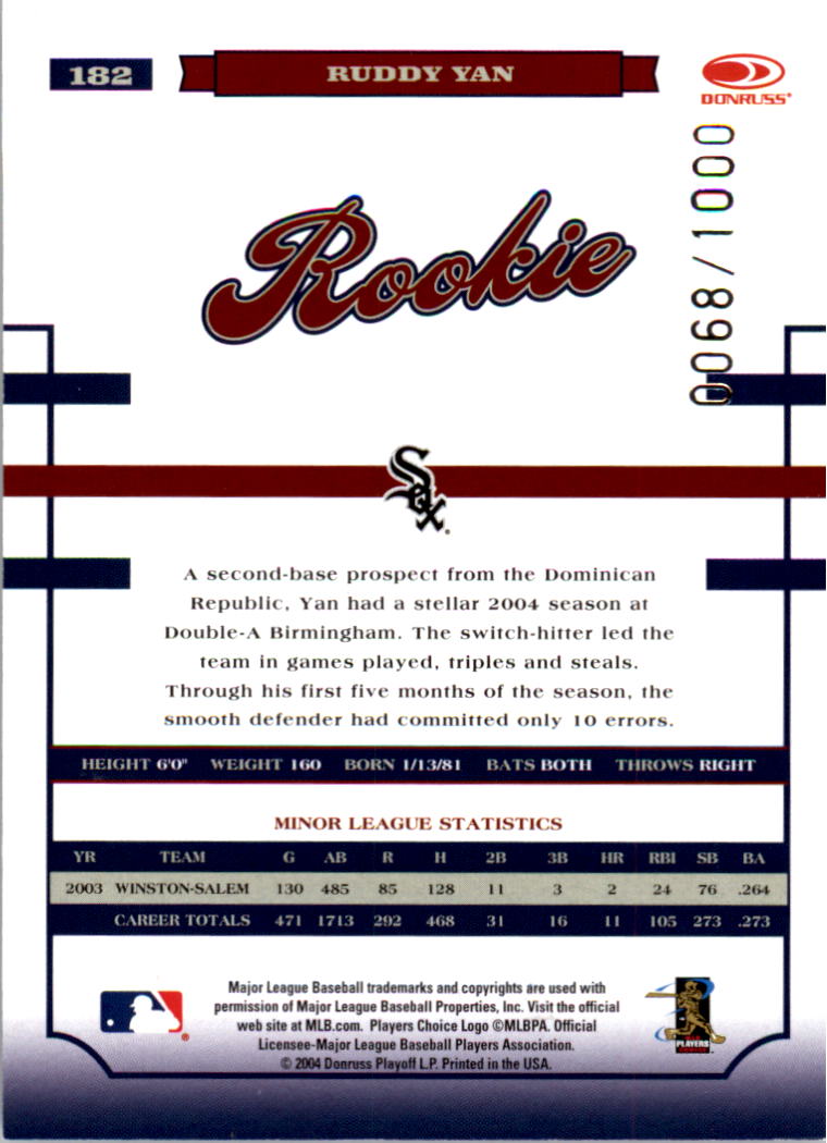 2004 Donruss World Series #182 Ruddy Yan AU/1000 back image