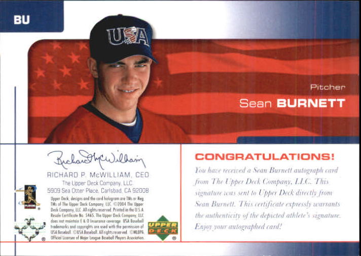 2004 USA Baseball 25th Anniversary Signatures Black Ink #BU Sean Burnett/180 back image