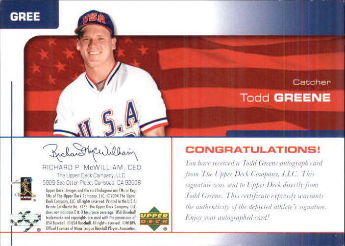 2004 USA Baseball 25th Anniversary Signatures Black Ink #GREE Todd Greene/120 back image