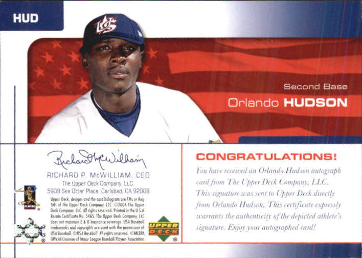 2004 USA Baseball 25th Anniversary Signatures Black Ink #HUD Orlando Hudson/360 back image