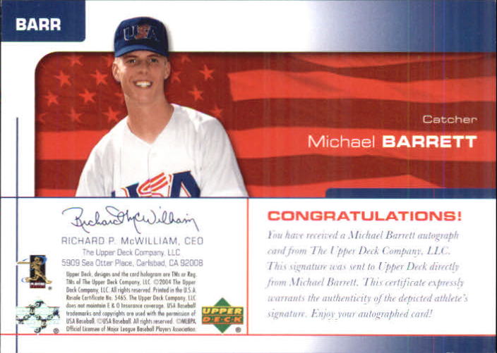 2004 USA Baseball 25th Anniversary Signatures Blue Ink #BARR Michael Barrett/120 back image