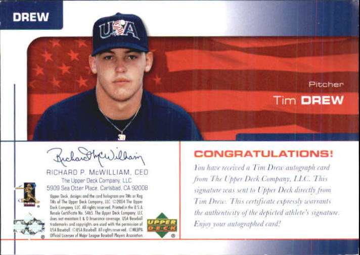 2004 USA Baseball 25th Anniversary Signatures Blue Ink #DREW Tim Drew/120 back image