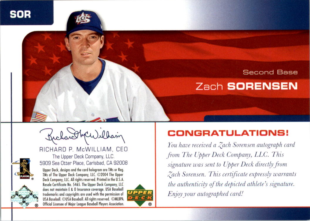 2004 USA Baseball 25th Anniversary Signatures Blue Ink #SOR Zach Sorenson/450 back image