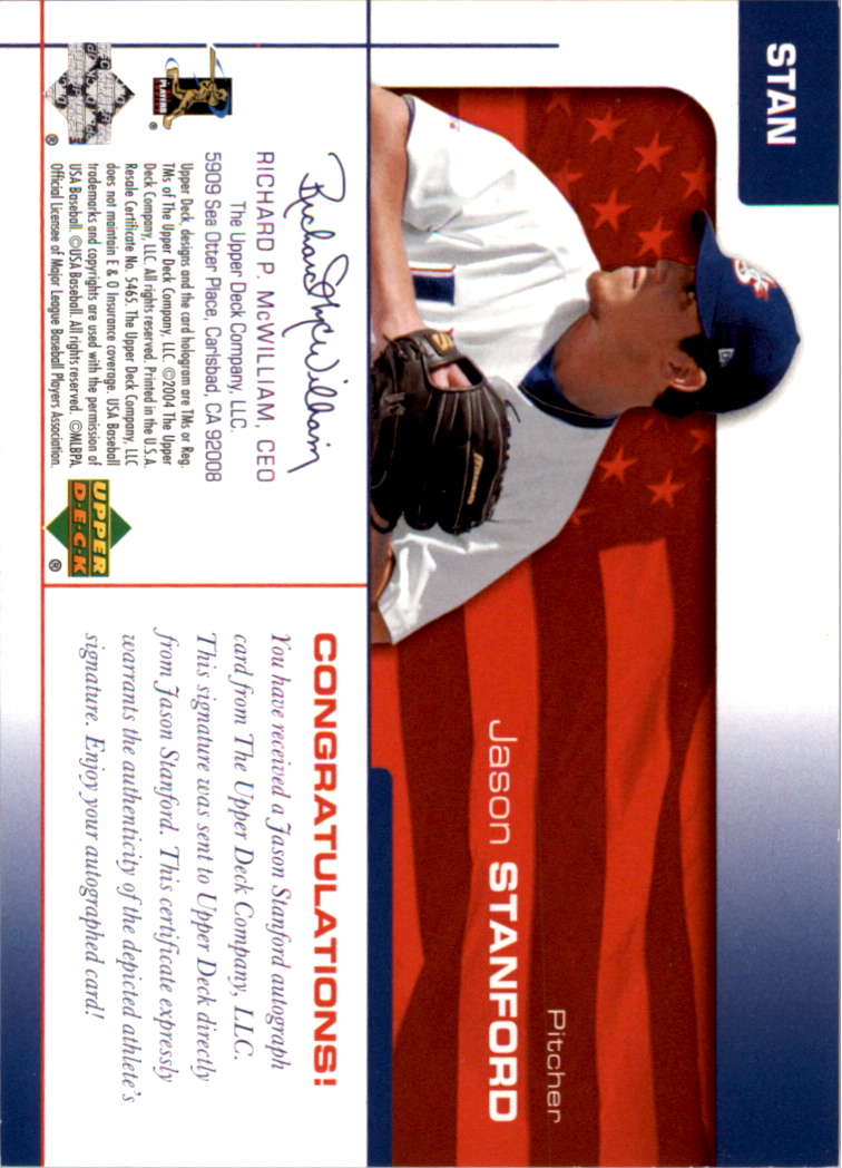 2004 USA Baseball 25th Anniversary Signatures Blue Ink #STAN Jason Stanford/450 back image
