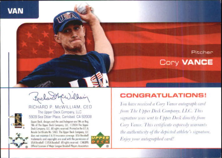 2004 USA Baseball 25th Anniversary Signatures Blue Ink #VAN Cory Vance/120 back image