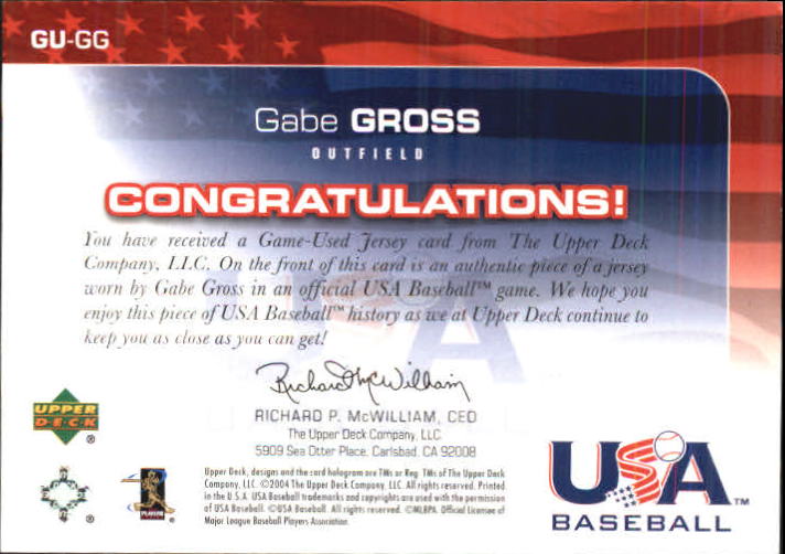 2004 USA Baseball 25th Anniversary Game Jersey #GG Gabe Gross/850 back image