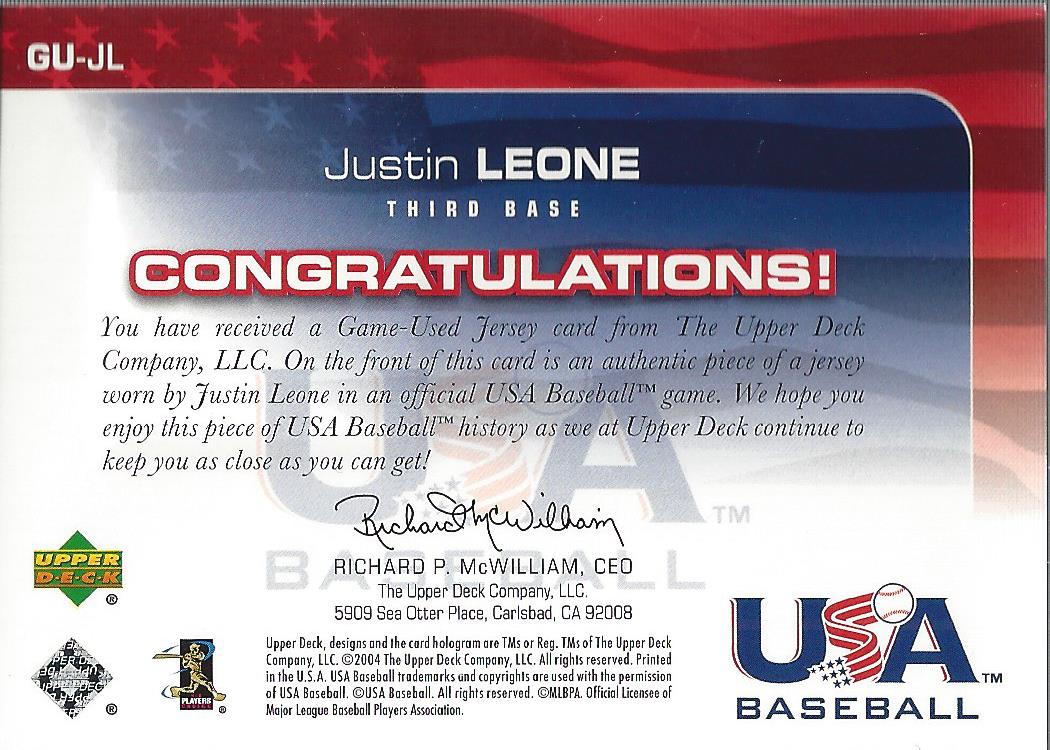 2004 USA Baseball 25th Anniversary Game Jersey #JL Justin Leone/850 back image