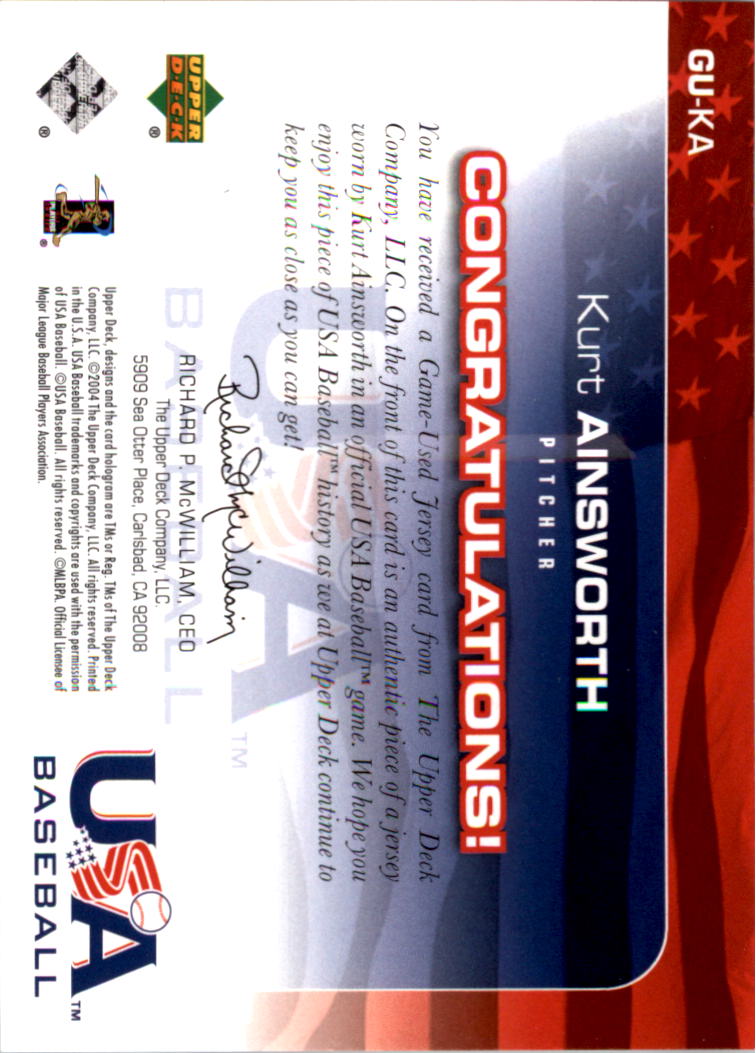2004 USA Baseball 25th Anniversary Game Jersey #KA Kurt Ainsworth/850 back image