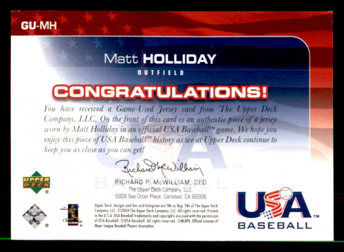 2004 USA Baseball 25th Anniversary Game Jersey #MH Matt Holliday/850 back image