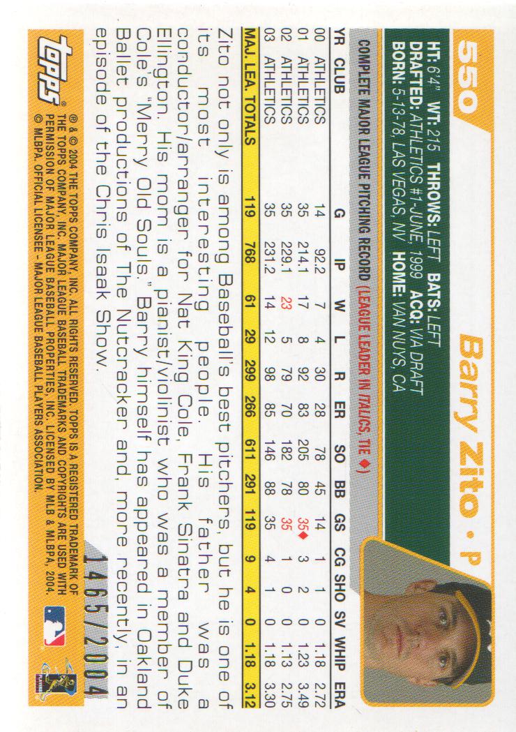 2004 Topps Gold #550 Barry Zito back image