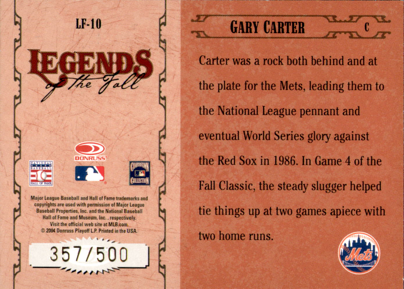2004 Donruss World Series Legends of the Fall #10 Gary Carter back image