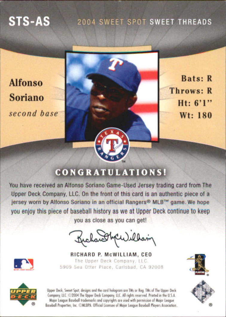 2004 Sweet Spot Sweet Threads #STSAS Alfonso Soriano back image