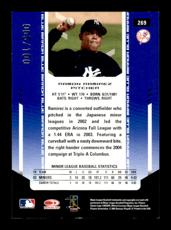 2004 Leaf Certified Materials Mirror Autograph Blue #269 Ramon Ramirez NG/100 back image