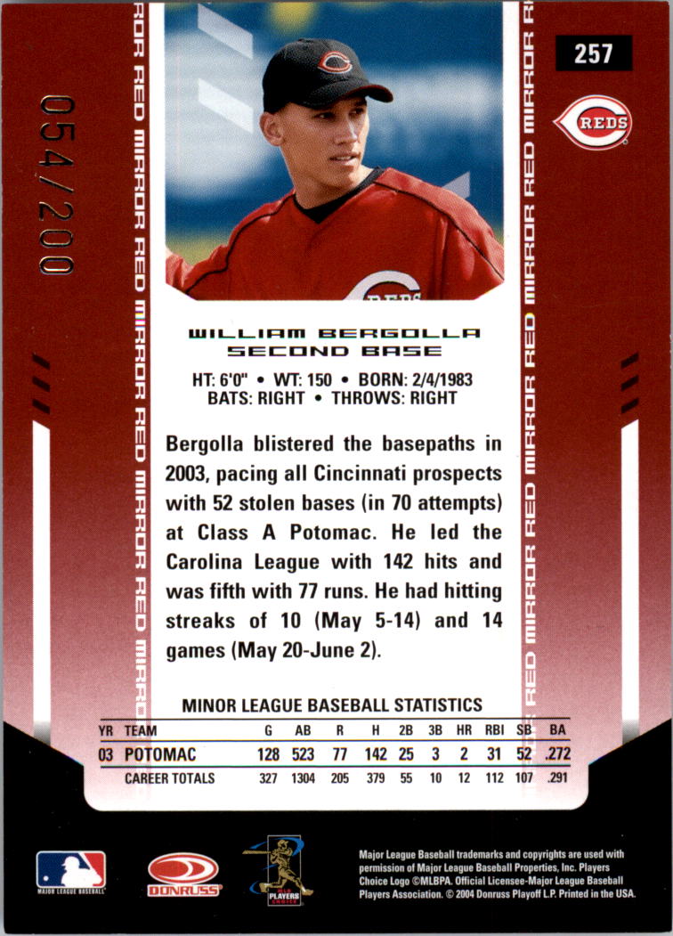 2004 Leaf Certified Materials Mirror Autograph Red #257 William Bergolla NG/200 back image