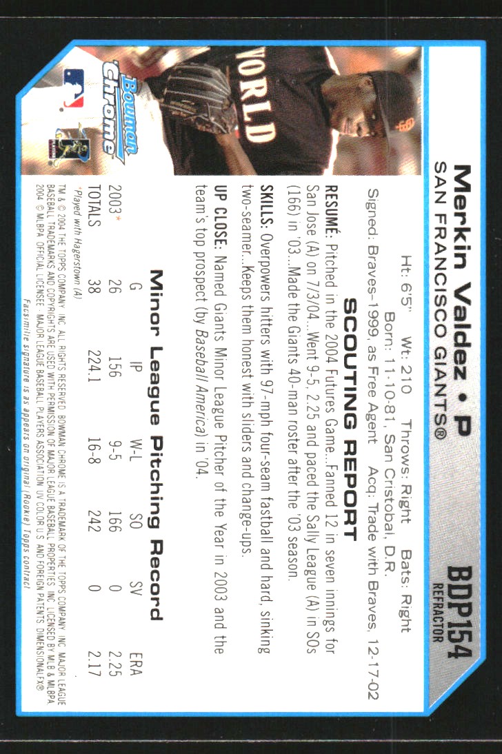 2004 Bowman Chrome Draft Gold Refractors #154 Merkin Valdez back image
