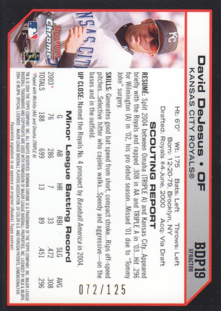 2004 Bowman Chrome Draft X-Fractors #19 David DeJesus back image