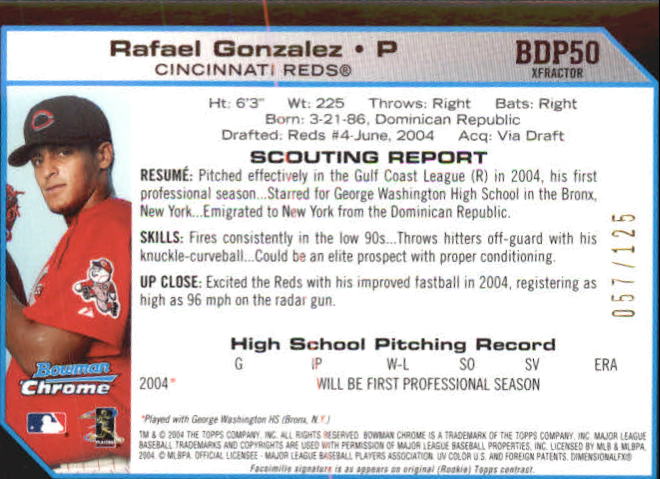 2004 Bowman Chrome Draft X-Fractors #50 Rafael Gonzalez back image