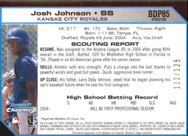 2004 Bowman Chrome Draft X-Fractors #85 Josh Johnson back image