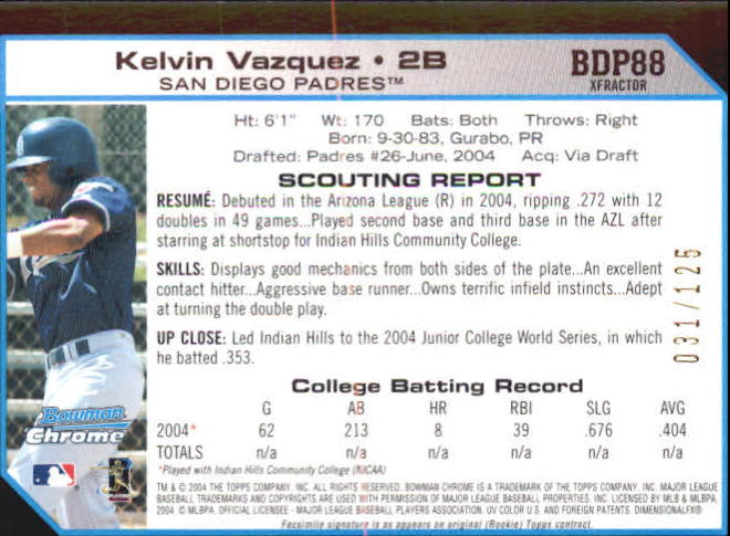 2004 Bowman Chrome Draft X-Fractors #88 Kelvin Vazquez back image