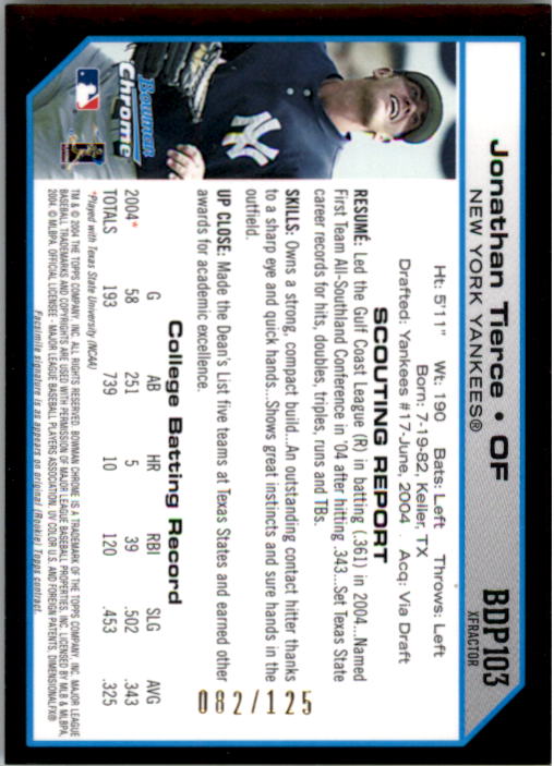 2004 Bowman Chrome Draft X-Fractors #103 Jonathan Tierce back image