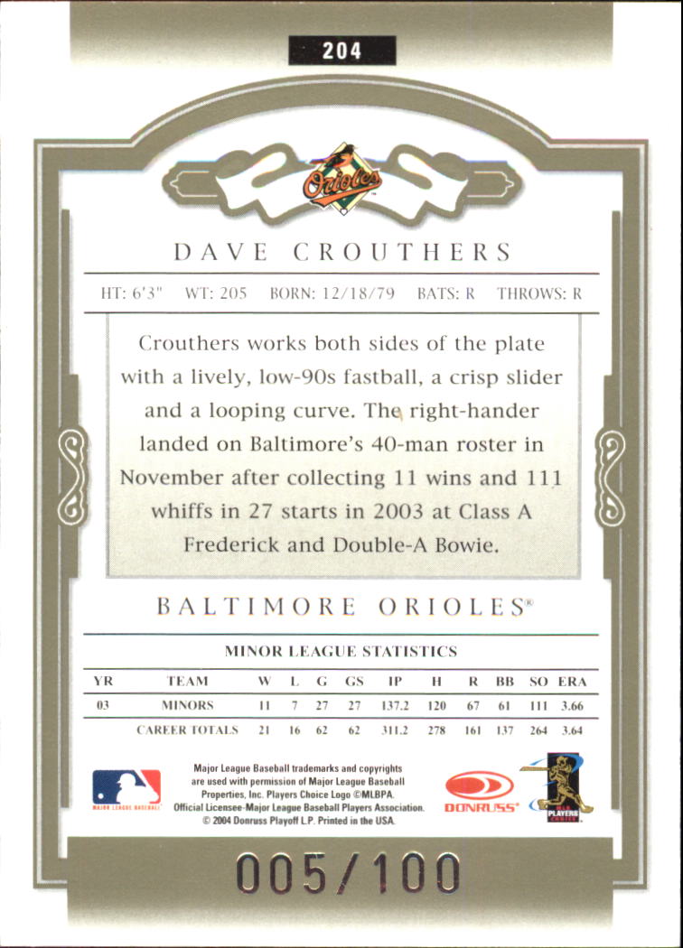 2004 Donruss Classics Significant Signatures Green #204 Dave Crouthers ROO/100 back image