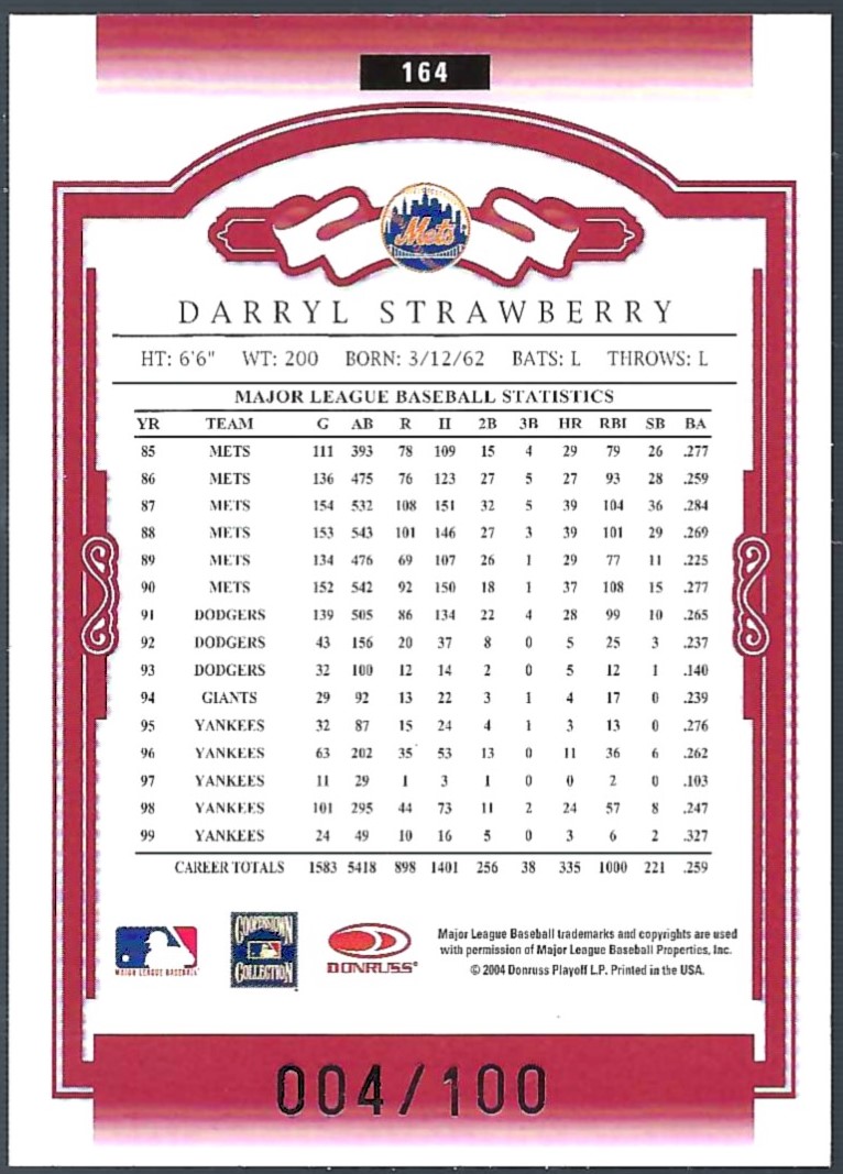 2004 Donruss Classics Significant Signatures Red #164 Darryl Strawberry LGD/100 back image