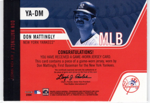 2004 Fleer Authentix Yankees Game Used Unripped #DM Don Mattingly Jsy back image