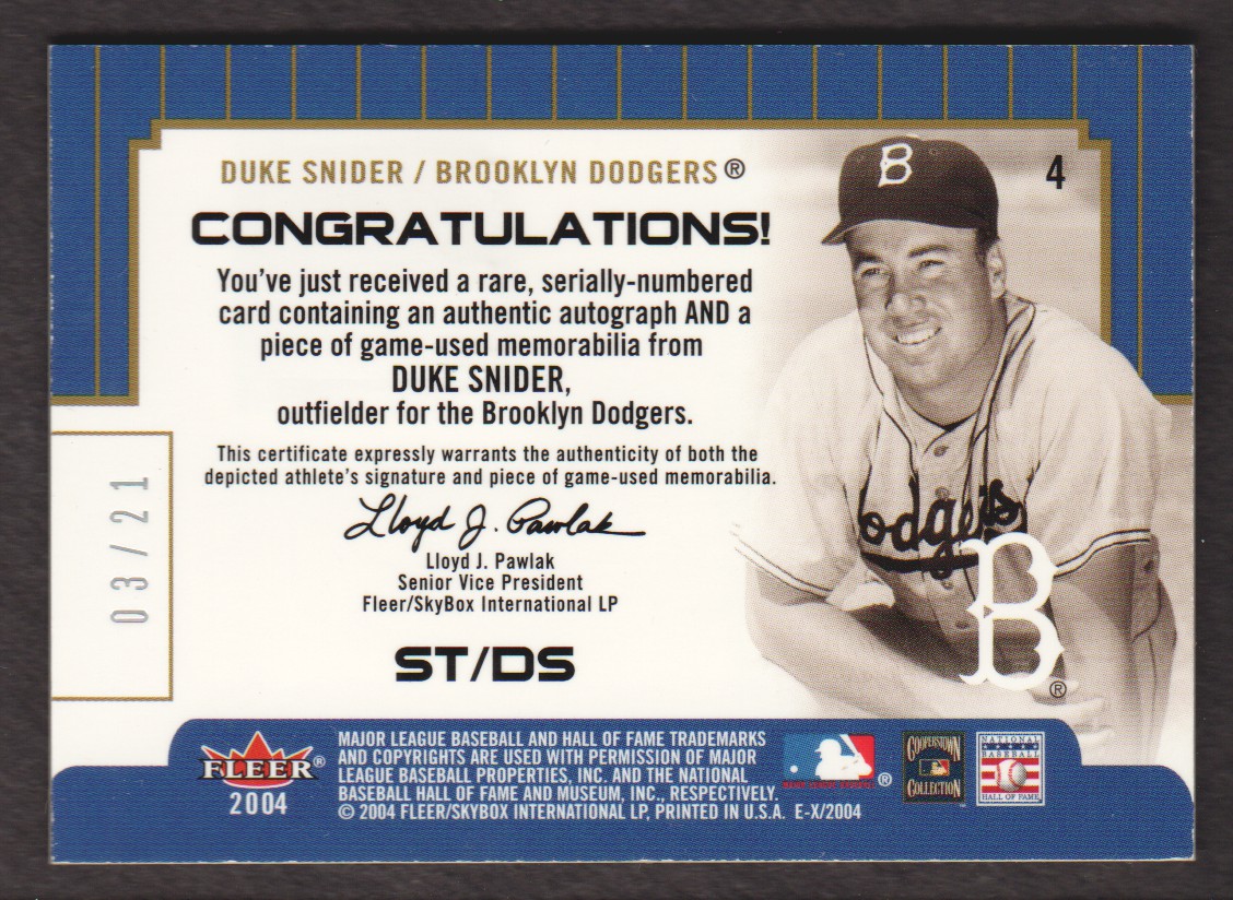 2004 E-X Signings of the Times Pewter #DS Duke Snider Bat/21 back image