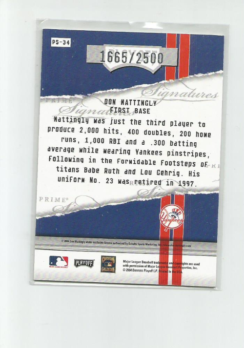 2004 Playoff Honors Prime Signature Insert #34 Don Mattingly back image
