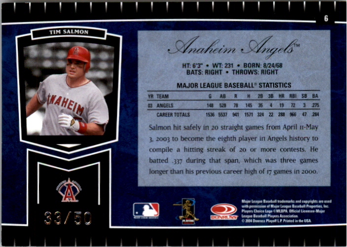 2004 Leaf Certified Cuts Marble Blue #6 Tim Salmon back image