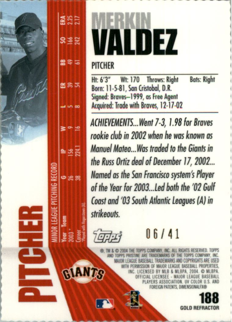 2004 Topps Pristine Gold Refractors #188 Merkin Valdez C back image