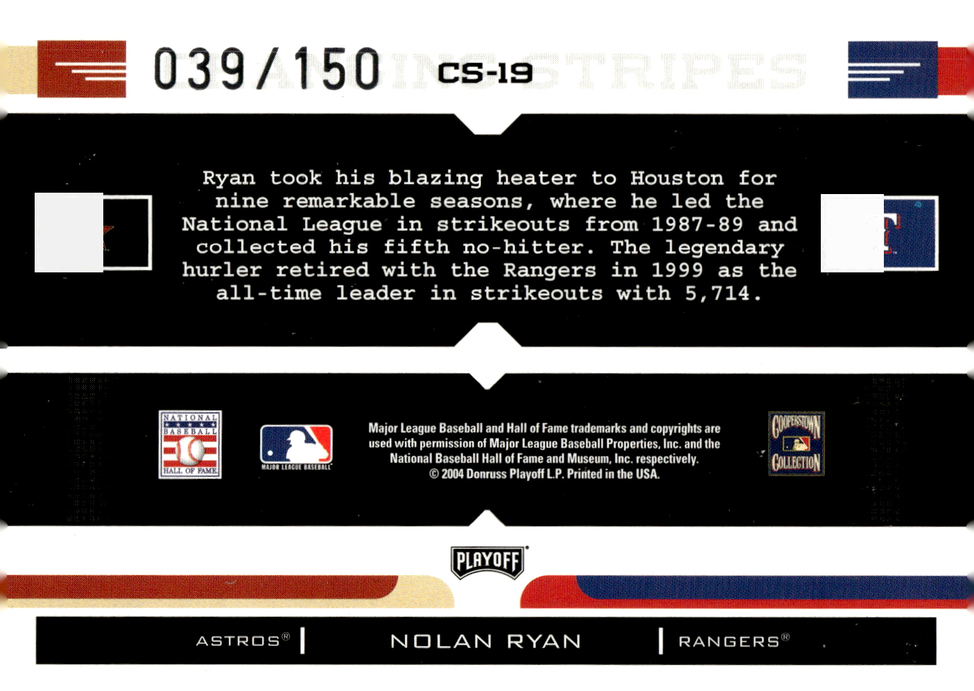 2004 Playoff Prestige Changing Stripes Foil #19 Nolan Ryan Astros-Rangers back image
