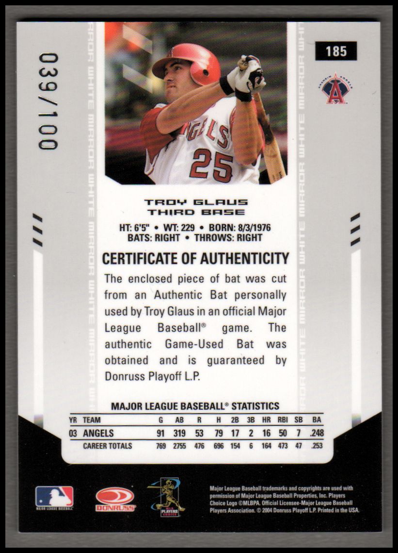 2004 Leaf Certified Materials Mirror Bat White #185 Troy Glaus/100 back image