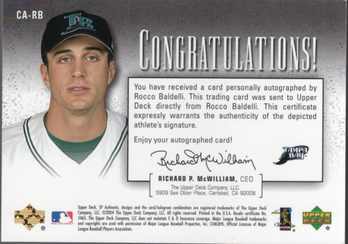 2004 SP Authentic Chirography Bronze #RB Rocco Baldelli back image